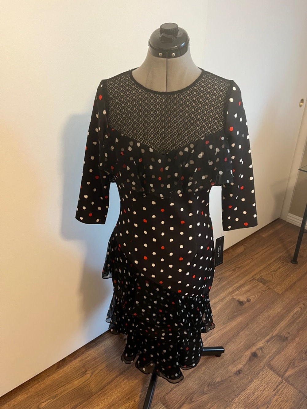 Rickie Freeman for Teri Jon Black Midi Dress with Red and White Polka Dots